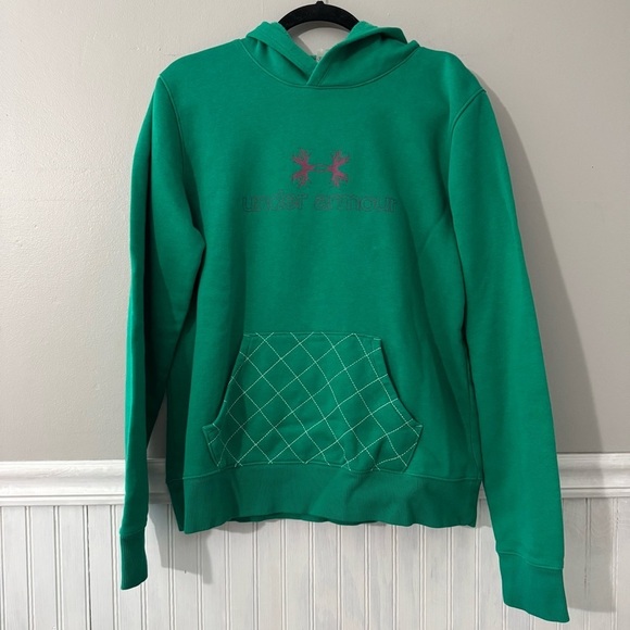 Under Armour Tops - Under Armour Semi Fitted Green Hoodie w/ Pink Logo & White Stitch Pocket Size L